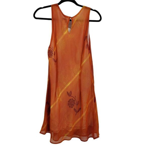 90's Vibrant Orange Floral Sheer Sleeveless Scoop Neck Swing Slip Dress Sz LP - Picture 4 of 8